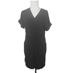 Splendid X-Small Black Short Sleeve V-neck Linen Viscose Shift Dress W/ Pockets